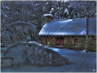 Wayne King; Moonlight On The Stone House, 2008, Original Photography Color, 24.5 x 18 inches. Artwork description: 241  A stonehouse in Groton, New Hampshire at Moonrise. A light burns in the window and the moonlight casts shadows and light on the new fallen snow. This image was a winner in the 2014 Annual Light and Space Competition. This image is part of an Open Edition. ...