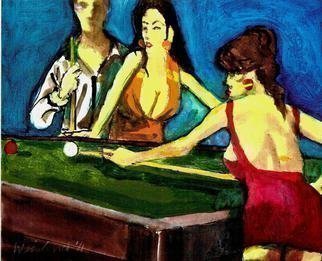 Harry Weisburd, '5 Ball In Corner Pocket ', 2011, original Watercolor, 14 x 11  cm. Artwork description: 9435   Playing pool  2 women and one man   ...