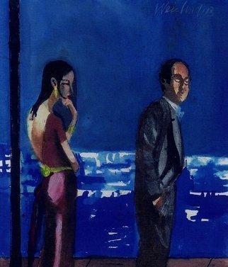 Harry Weisburd, 'A Room With A View', 2013, original Watercolor, 14 x 11  cm. Artwork description: 16167  Man  and woman standing by a window with a view of a city, could be  Las Vegas. Love and romance, couple                                                                                  ...