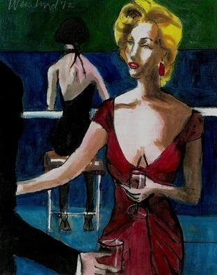 Harry Weisburd, 'Blonde  Bar Fly Happy Hour ', 2012, original Watercolor, 11 x 14  cm. Artwork description: 9435    Blonde woman wearing  low cut red dress , at happy hour ...