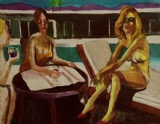 Harry Weisburd, 'California Pool Party ', 2015, original Watercolor, 14 x 11  cm. Artwork description: 13395   California bikini women at a pool party ,  Swimming pool with a contemporary California house         ...