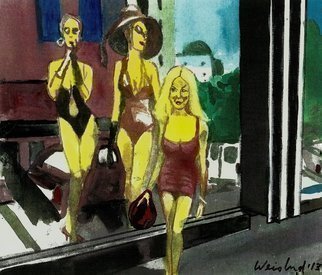 Harry Weisburd, 'California Style 2 Koral ...', 2014, original Watercolor, 14 x 11  cm. Artwork description: 15375     Myth: Goddesses in ancient times called Korals  Painting of 2 Korals in store window with woman dressed in California style window shopping                         ...