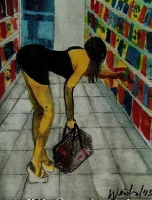 Harry Weisburd, 'California Style Shopper', 2015, original Watercolor, 9 x 12  cm. Artwork description: 11415               Woman wearing California Style short sensual erotic black dress in store or supermarket                       ...