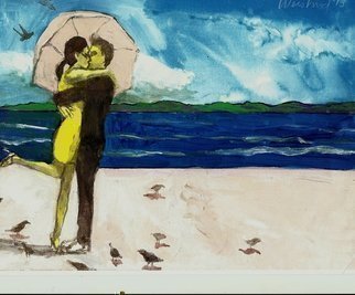 Harry Weisburd, 'Couple On Beach With Birds', 2014, original Watercolor, 11 x 14  cm. Artwork description: 15375        Love and romance, couple giving each other a big hug, on the beach , under a pink umbrella , with birds on the beach                                                            ...