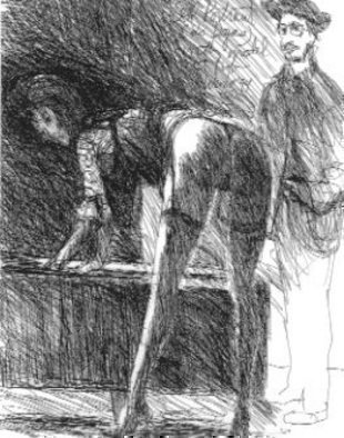 Harry Weisburd, Barb b que for three, 2007, Original Drawing Pen, size_width{Degas_sketching_bending_Model-1197790619.jpg} X 11 inches