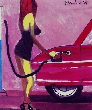 Harry Weisburd, 'Fill Er UP California Style ', 2014, original Watercolor, 11 x 14  cm. Artwork description: 15375   Woman in sensual short black dress , California style, fills up her red car with gas at a gas station.                                                                         ...