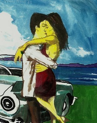Harry Weisburd, 'Love And Romance', 2013, original Watercolor, 11 x 14  cm. Artwork description: 16167    Love  , romance, man and wowman, couple at the beach, car  redux 1950's                                                                                  ...