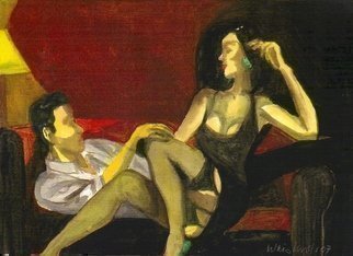 Harry Weisburd, 'NICE LEGS', 2007, original Watercolor, 16 x 11  cm. Artwork description: 23295  Man with sensual, woman dressed in a short black dress with her 2 legs in black stockings showing sitting on a sofa.ORIGINAL PAINTING, WATERCOLOR ON STRETCHED CANVAS, 16 INCHES WIDE X 12 INCHES HIGH. PRICE $750. 00LIMITED EDITION OF 50, Xerox Color Print, 16 INCHES ...