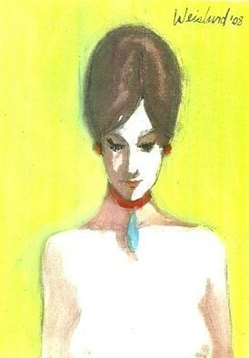 Harry Weisburd, 'Red And Blue Necklace', 2008, original Watercolor, 11 x 14  cm. Artwork description: 17751       Female , erotic, nude , jewelry , necklace                                           ...