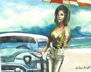 Harry Weisburd, 'Redux  1950s', 2011, original Painting Acrylic, 14 x 11  cm. Artwork description: 19335  Redux 1950s Sexy erotic woman in 1950s style clothes with 1950s car at the beach with an umbrella         ...