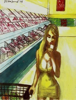 Harry Weisburd, 'Supermarket Selfie Califo...', 2014, original Watercolor, 11 x 14  cm. Artwork description: 15375       Woman in short , low V neck dress, using a cell phone to create a Selfie in the supermarket                                                         ...
