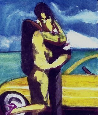Harry Weisburd, 'The Big Hug', 2014, original Watercolor, 11 x 14  cm. Artwork description: 15375      Love and romance, couple giving each other a big hug, by a yellow car, under a blud sky , near the ocean, sea.                                                            ...