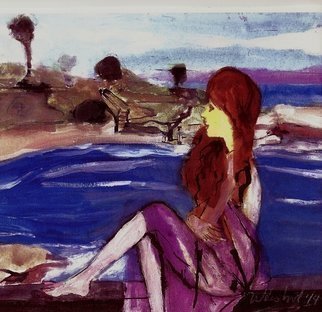 Harry Weisburd, 'The Redhead By The Sea', 2014, original Watercolor, 16 x 12  x 1 cm. Artwork description: 15375    Redhead woman seated on a wall, in see through dress by the sea.  Watercolor on canvas, 16 in wide, x 12 in high, Unframed.                                                                      ...
