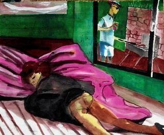 Harry Weisburd, 'Weekend Barbeque ', 2016, original Watercolor, 17 x 14  cm. Artwork description: 9435     Woman asleep in bed, man outside barbequing hamburgers   Unframed ...