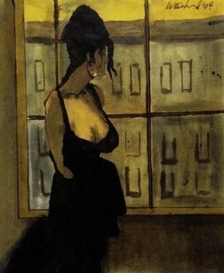 Harry Weisburd, 'Woman In Black Dress By W...', 2015, original Watercolor, 14 x 17  cm. Artwork description: 13395    Woman in black dress standing by a window that looks out at a cityscape   ...