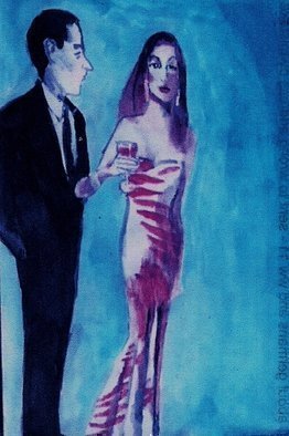Harry Weisburd, Barb b que for three, 2015, Original Watercolor, size_width{Woman_In_Pink_Design_Gown_With_Man-1433634876.jpg} X 17 inches