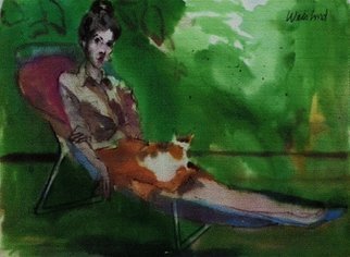 Harry Weisburd, 'Woman With Cat', 2015, original Watercolor, 22 x 15  cm. Artwork description: 13791                             Woman with a cat on her lap sitting on a beach chair  ...