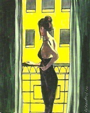 Harry Weisburd, Barb b que for three, 2010, Original Watercolor, size_width{Woman_in_Black_Dress_on_Balcony-1286407128.jpg} X 14 inches