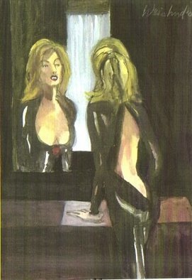 Harry Weisburd, 'Woman Looking In Mirror W...', 2008, original Watercolor, 12 x 16  cm. Artwork description: 22503  ORIGINAL- - Watercolor on stretched canvas, 12 inches wide x 16 inches highALSOAVAILABLELIMITED EDITION OF 50, COLOR XEROX PRINT, 11 inches wide x 16 inches high, signed and numbered by the artist.$50 each. UNFRAMED. 12. 0 ...