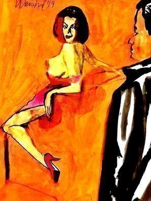 Harry Weisburd, 'Come And Get It 8', 2019, original Watercolor, 11 x 14  cm. Artwork description: 1911 Love and Romance,  sensual woman sofa- - man looking...