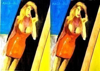 Harry Weisburd, 'Double Orange Dress Selfie', 2015, original Watercolor, 20 x 16  x 1 cm. Artwork description: 5475 Double Woman  in orange dress selfie...
