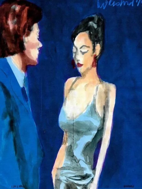 Harry Weisburd, 'Happy Hour Woman In Blue Dress', 2019, original Watercolor, 11 x 14  cm. Artwork description: 2307 I paint the relationships between Men and Women ...