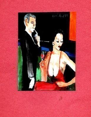 Harry Weisburd, 'Red Dress Spaghetti Straps', 2018, original Watercolor, 11 x 14  cm. Artwork description: 2703 Love and romance,  woman in red dress with spaghetti straps ...