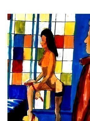 Harry Weisburd, 'Stainglass Window', 2019, original Watercolor, 11 x 14  cm. Artwork description: 2307 Nude woman  stands in room with stain glass window with man looking on ...
