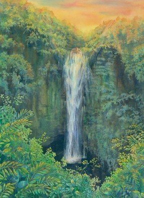 Deborah Wilson; Amidah, 2014, Original Watercolor, 15 x 20 inches. Artwork description: 241 This is a woman with her arms outstretched to the heavens who becomes a waterfall. Akaka falls   Hawaii   Big Island   Hawaiiana...