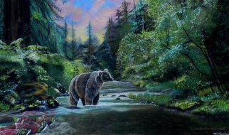 Michaeline Mcdonald; Bear Sunrise, 2013, Original Pastel, 30 x 18 inches. Artwork description: 241 Original pastel painting of a bear standing in a river waiting for the salmon to swim up stream. A pink and yellow sunrise is behind the redwood forest scene. ...