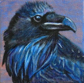 Michaeline Mcdonald; Blue Raven, 2012, Original Painting Acrylic, 3 x 3 inches. Artwork description: 241 Acrylic painting on canvas featuring a handsome raven painted in blue tones against a pink background. Painted with acrylic paint on stretched canvas measuring 3 x 3 inches. Comes with a table top easel. ...