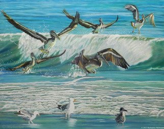 Michaeline Mcdonald; Dancing Pelicans, 2014, Original Painting Acrylic, 24 x 20 inches. Artwork description: 241 Acrylic painting featuring a flock of pelicans that appear to be dancing among the ocean waves. ...