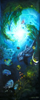 Michaeline Mcdonald; Mother Ocean, 1997, Original Painting Acrylic, 48 x 120 inches. Artwork description: 241 Underwater scene of a dolphin, sea turtle, leaf dragon, humpback whale, jellyfish, and tropical fish hanging out around a kelp forest. Commissioned for Gray Chiropractic in Crescent City, CA. Created with airbrush acrylic paint on canvas measuring 10 x 4 feet. ...