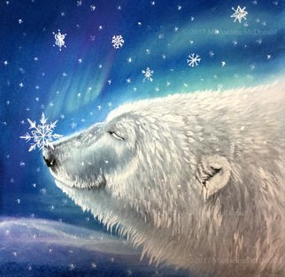 Michaeline Mcdonald; Polar Bear Snowflakes, 2017, Original Pastel, 12 x 12 inches. Artwork description: 241 Original pastel painting of a smiling polar bear with a snowflake on his nose. Behind him is a dark blue sky with aurora borealis lights and snowflakes falling. ...