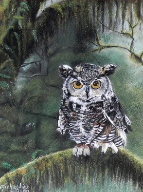 Michaeline Mcdonald; Watcher In The Woods, 2011, Original Pastel, 11 x 14 inches. Artwork description: 241 Original Pastel Painting featuring a great horned owl sitting on a mossy branch looking over his forest. Created with soft pastels on heavy- weight cotton rag paper. ...