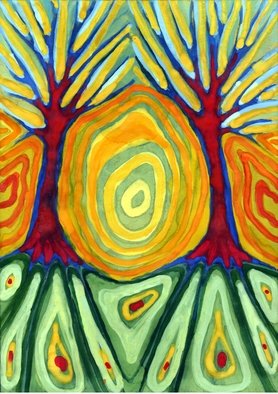 Wojtek Kowalski; Labyrynth, 2004, Original Watercolor, 21 x 30 cm. Artwork description: 241 colour, energy, joy, naive, nature, primitive, psychedelic, surrealism, symbolism, tree, earth, abstract, magical, sun, sunlight, light, colorful, vibrance, vibrant, warm, different, unusual, creativity, another, lucid, animated, other, very, fantastical, spirited, avesome, intense, vivid, emotion, light...
