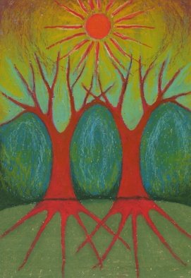 Wojtek Kowalski; Two Worlds, 2003, Original Pastel, 21 x 30 cm. Artwork description: 241 colour, energy, joy, naive, nature, primitive, psychedelic, surrealism, symbolism, tree, earth, abstract, magical, sun, sunlight, light, colorful, vibrance, vibrant, warm, different, unusual, creativity, another, lucid, animated, other, very, fantastical, spirited, avesome, intense, vivid, emotion, light...