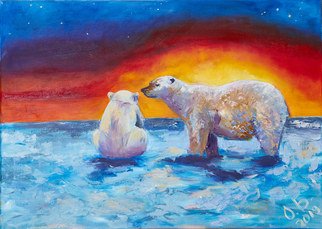 Olga Bavykina; 3 Bears, 2019, Original Painting Oil, 70 x 50 cm. Artwork description: 241 Enviromental problems in the world can reduce number of animals living in wild nature. Two bear meet  on Soulth Pole  and were is the 3 bear  It is in the sky and it s constellation URSA major in the right cover of the picture. ...
