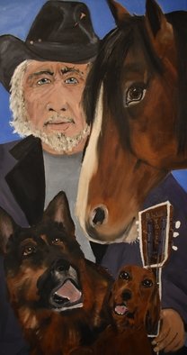 Susan Snow  Voidets ; Merle Haggard And Friends, 2019, Original Painting Oil, 15 x 30 inches. Artwork description: 241 Merle is posing with his friends before playing some music.  The horse is a quarter horse I used to own named Son of Poco, the dogs are friends of mine. Together with Willie, Waylon,  Johnny and Kris it s a  musical scene.  Each painting is original oil ...