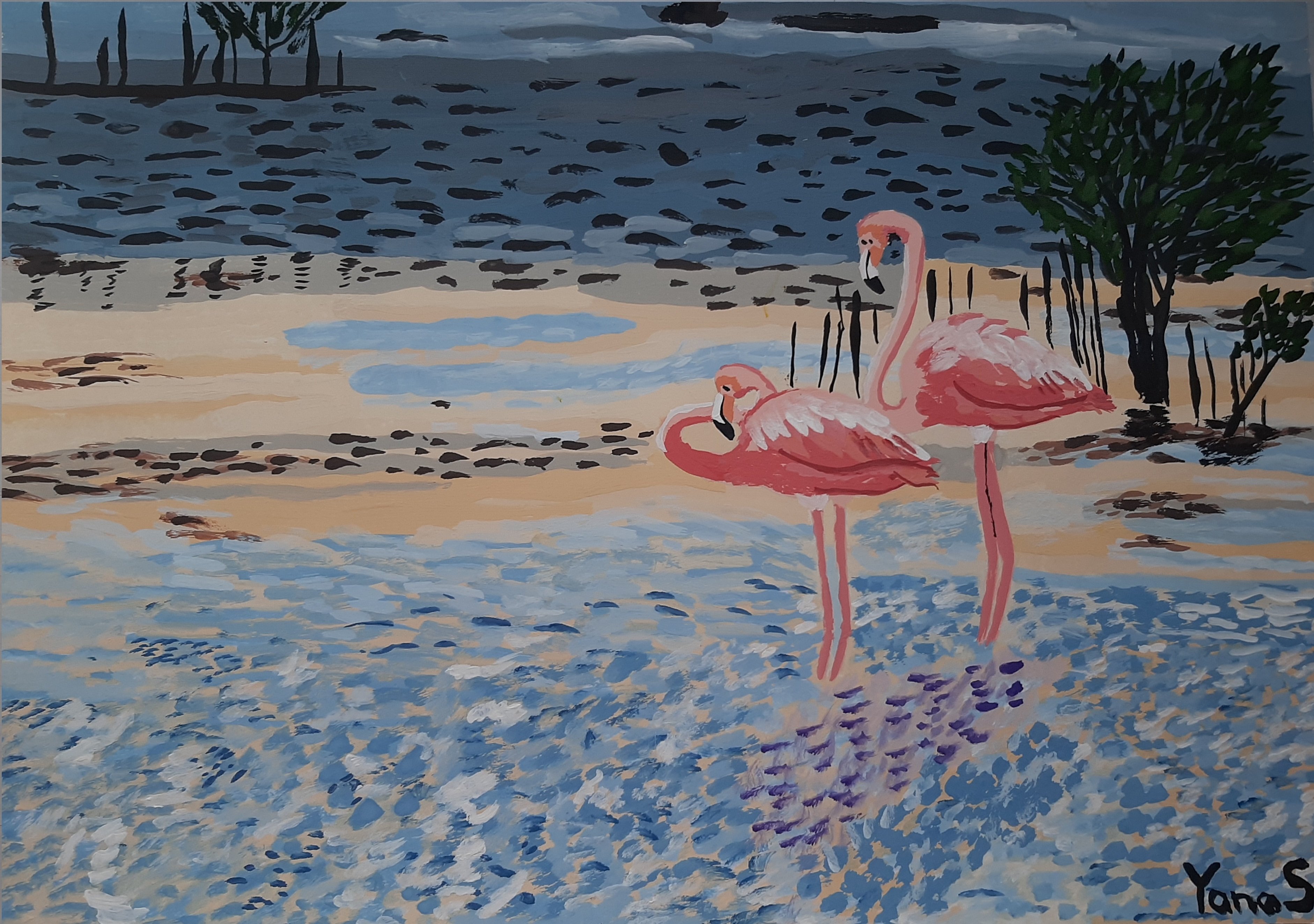Yana Syskova; Flamingo Couple, 2020, Original Painting Other, 42 x 29.7 cm. Artwork description: 241 Gouache on paper...