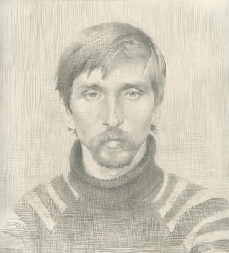 Yuri Yudaev; Misha Pavlov, 1985, Original Drawing Pencil, 8.4 x 9.4 inches. Artwork description: 241  graphite pencil on paper 8. 4 X 9. 4 in. ( 23,5 X 21 cm) Portrait of genius artist Mikhail Pavlov from Domodedovo, Moscow region ( piece was exhibited on the Young Artists show in 1985 in Khimki, Moscow) .  ...