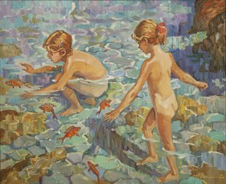 Yuri Vasiliev; Goldfishes, 2016, Original Painting Oil, 94 x 76 cm. Artwork description: 241 Goldfish, girls, the sea, the sun, stones, water, good mood...
