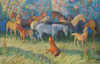 Yuri Vasiliev; Horses In The Garden, 2009, Original Painting Oil, 200 x 127 cm. Artwork description: 241 Horses, foals, sun, apple, garden, good mood, time August...