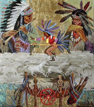 Yuri Vasiliev; Native American Rhythms, 2012, Original Painting Oil, 100 x 90 cm. Artwork description: 241 ethnic, american, dance, gold, horses, fluete...