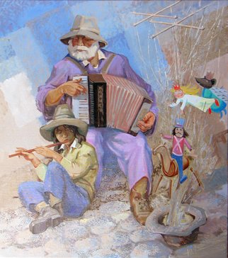 Yuri Vasiliev; Old And Young, 2011, Original Painting Oil, 90 x 100 cm. Artwork description: 241 music, kids, ethnic, blue, Flute, accordion, puppet theater, street musicians...