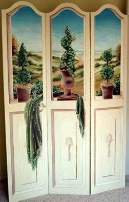 Marsha Bowers, 'Topiary Screen', 2003, original Painting Other, 4 x 6  inches. Artwork description: 2307 Hand Painted Trompe L' oeil 3- Panel Screen. Medium- Acrylics. ...