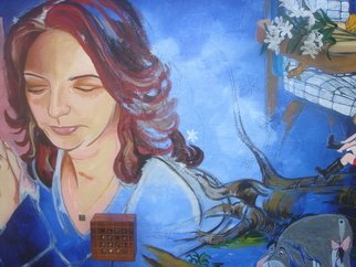 Zoraida Haibi Figuera; Dreaming Of A Future, 2007, Original Mixed Media, 40 x 36 inches. Artwork description: 241  Woman dreaming of future after the loss of her child.  Acrylic paint, charcoal, flowers, paper, wood box, metal charm on canvas. ...