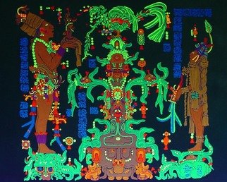 Sigmund Sieminski; Mayan Panel Temple Of The..., 2011, Original Painting Other, 24 x 18 inches. Artwork description: 241    Reproduction of original Mayan sculptural Panel of the Maize God/ Tree in black light paint, on masonite.      ...