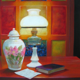 Fidel Sarmiento: 'LIHAM', 2006 Acrylic Painting, Still Life. Artist Description: A still life with love letter on top of the table with lighted old lamp...