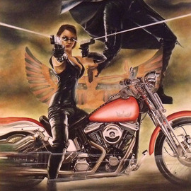 Bryan Kemila: 'oracle new price', 2008 Acrylic Painting, Automotive. Artist Description: She wears leather and rides a hog.  The gods are with her.  Speed kills, but this dame is doing the killing.  She fires the guns.  She watches death.  And she is satisfied.  The clouds boast of her strength.  She is beautiful, with wonderful breasts that shout.  She wears ...